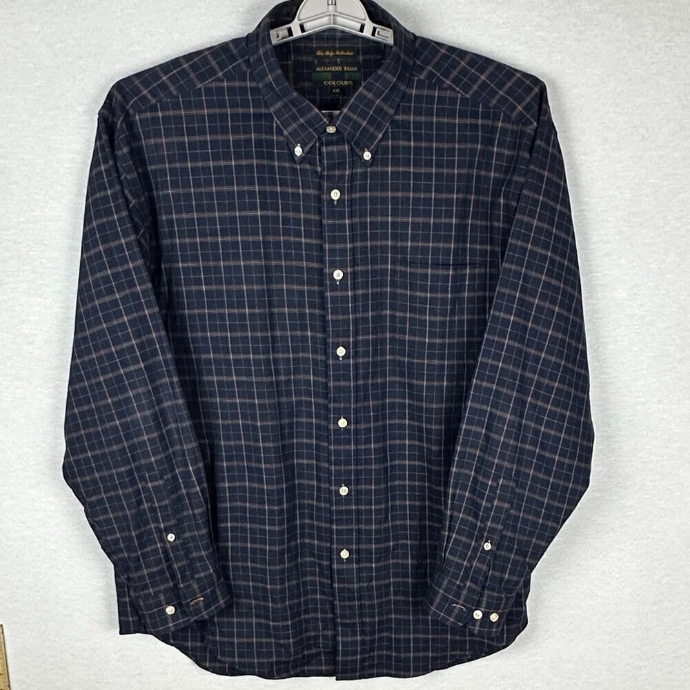 ALEXANDER JULIAN MEN'S PLAID SHIRT, LONG SLEEVE, BUTTON DOWN DARK BLUE, XXL